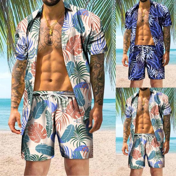 Fatos de treino masculinos Hawaii Leaf Shirt Sets Button Printing Men Casual Manga Curta Design Beach Top Quality Summer Tee 2 Pieces S-4XL