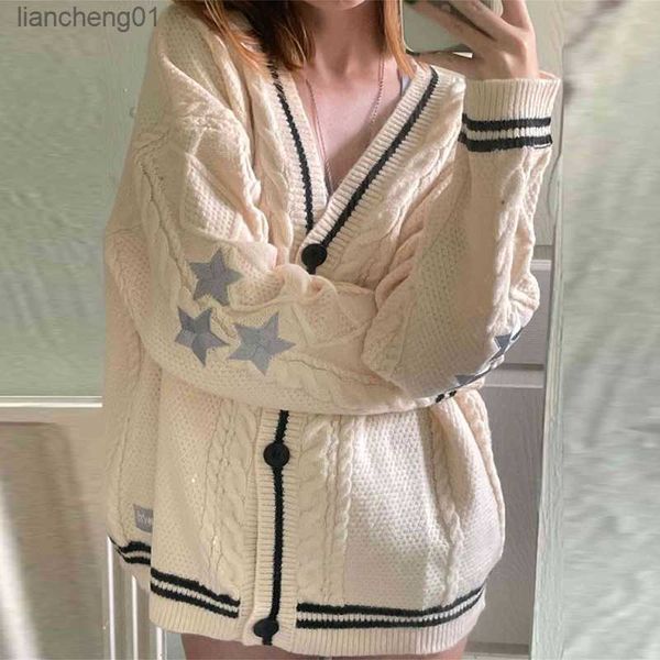 Chic Vintage Star Print Knitted Cardigan Preppy Cute Button Up V Neck Long Sleeve Coat Autumn Y2K Aesthetics Retro Sweater L230619