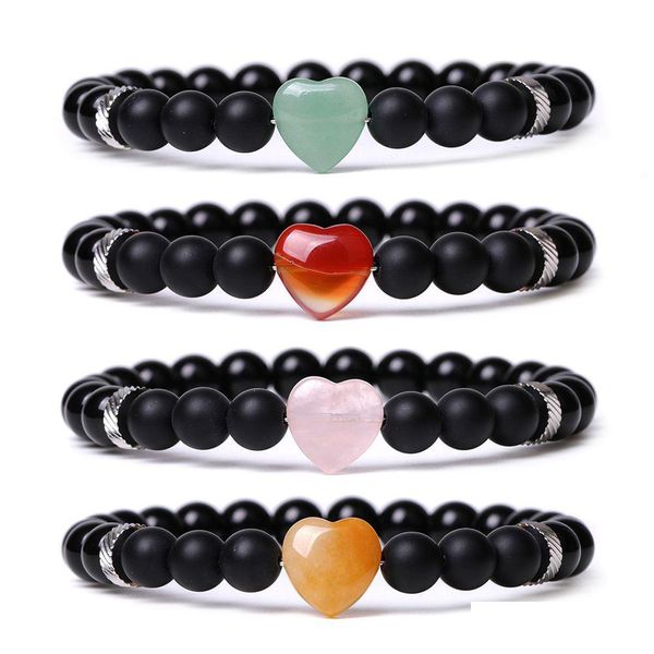 Beaded Lover Colorf Heart Stone 8Mm Black Beads Bracelet Steel Spacer Couple Friendship Jewelry Gifts Buddha Strand Drop Deliver Dhrye
