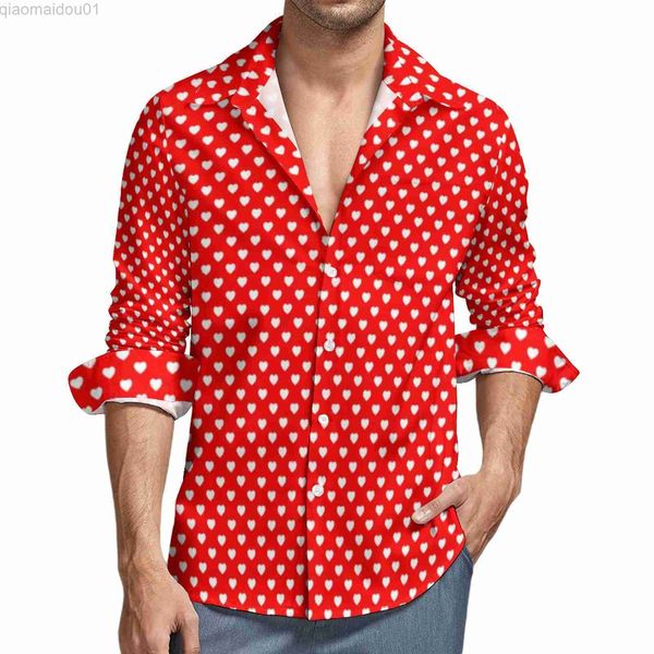 Camisas casuais masculinas Camisas vermelhas brancas com coração Polka Dot Camisas casuais para o dia dos namorados Blusas gráficas de manga comprida Y2K Roupas extragrandes outono vintage L230721