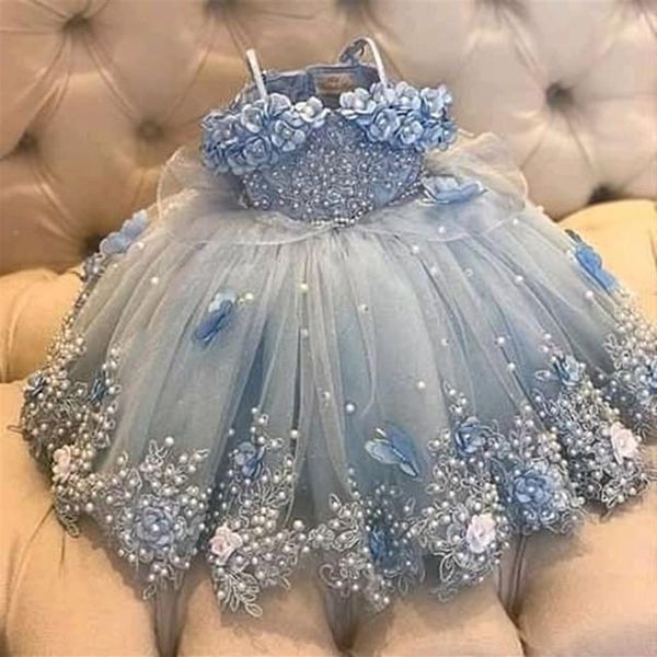 Hellhimmelblaue Perlen Mädchen Festzugskleider Applizierte Perlen Blumenmädchenkleid für Hochzeiten Kinder Lange Prinzessin Geburtstagsball G334K