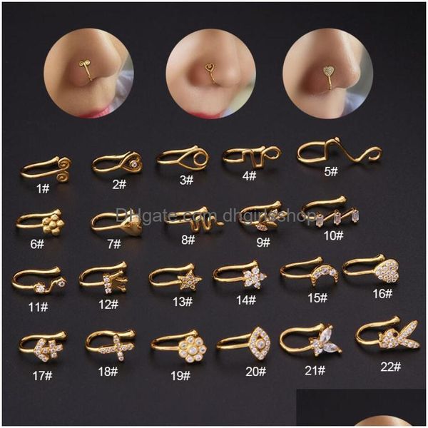 Anéis de nariz tachas ouro falso piercing clipe anel manguito jóias corporais para mulheres nova tendência punhos de orelha coração cruz flores 22 estilos drop de dhtal
