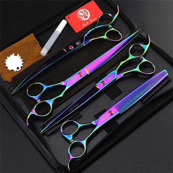 4 PCS SET 8 0 polegadas Tesoura profissional para cuidados com animais de estimação Corte reto Tesoura curva para desbaste para cães Dragão roxo2551