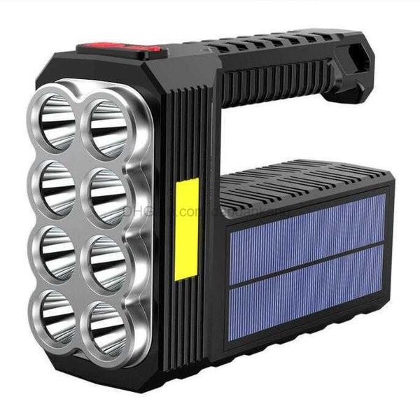 Tragbare Solarpanel-Power-Taschenlampen, 6 LEDs, 8 LEDs, USB-Aufladung, praktische Taschenlampe für Outdoor-Reisen, eingebauter Akku, LED-COB-Taschenlampe, leistungsstarke Suchlampe