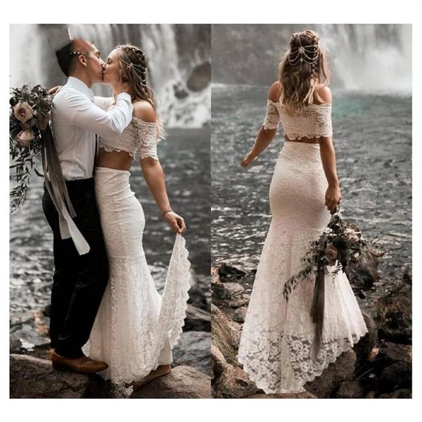 Due pezzi Boho Abiti da sposa con spalle scoperte Mezza manica Pieno di pizzo Sirena Piano Lunghezza Abiti da sposa bohémien Vestido De Noiva283p