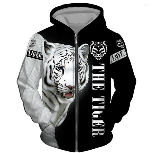 Erkek Hoodies Sonbahar ve Kış Erkekler Zip Hoodie 2023 Hayvan Tiger 3D Baskı Hip Hop Kapüşonlu Sweatshirt Günlük Büyük Boy