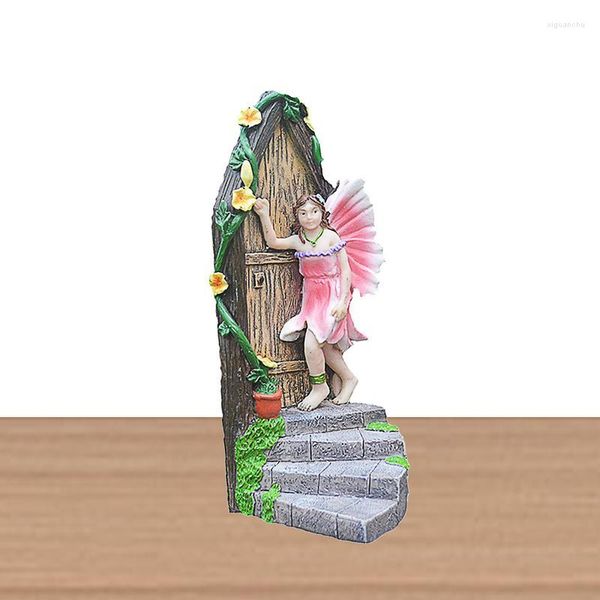 Estatuetas decorativas porta de jardim de fadas miniatura elfo casa quintal arte árvore escultura estátuas decoração ao ar livre