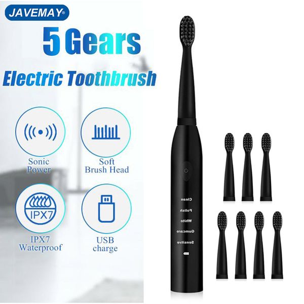 Escova de dentes elétrica ultrassônica escova de dentes carregamento usb escova de dentes lavável clareamento macio cabeça de escova de dentes adulto temporizador JAVEMAY J110 230720