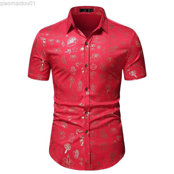 Camicie casual da uomo Camicie casual a maniche corte da uomo 2022 Camicia natalizia con stampa floreale rossa lucida Camicia da uomo hawaiana da uomo Xmas Party Camisa Masculina L230721