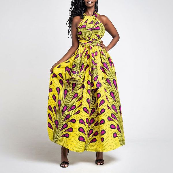 Vestidos casuales básicos Trajes de vestir de verano para mujer Estampado africano Diy Multi Wearing Vestidos de correa sexy Falda de fregona dividida media Vestidos 230720