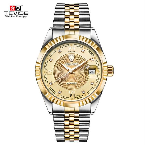 TEVISE Fashion Automatic Men Watch Luminous Mechanical Watches Gold Dial Skeleton Men Watches Business Men's Wristwatches226a