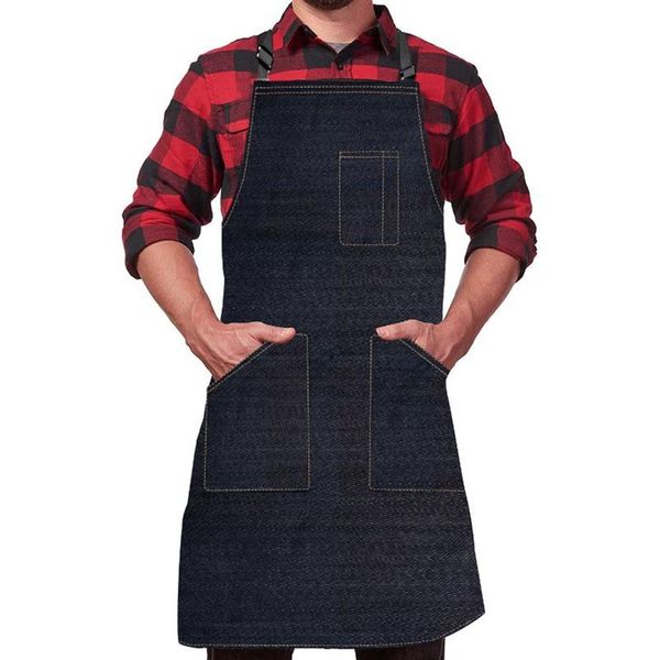 Aventais Cozinha Denim Avental Homens Mulheres Com Bolso Chefs Cozinhar Ajustável Cozimento Preto Azul Simples Uniforme À Prova De Água Dropship260K