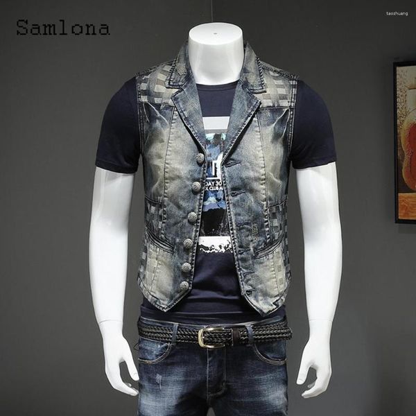 Coletes Masculinos Samlona Plus Size 5xl Masculino Denim Tank Tops 2023 Sem Mangas Casual Multi-bolsos Colete Jean Colete Moda Masculina Patchwork Jeans Jaqueta