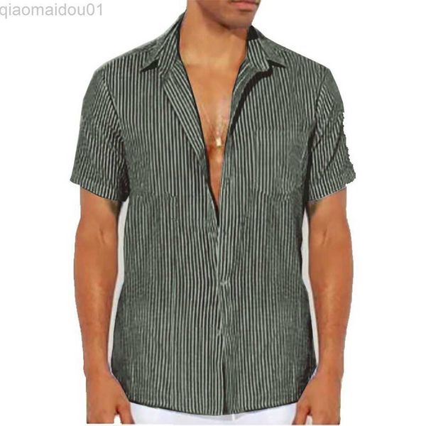 Camicie casual da uomo T-shirt da spiaggia Camicie maschili Camicia da uomo in poliestere con maniche a fascia Bottoni a righe Casual Top Colletto Cotone 2023 L230721