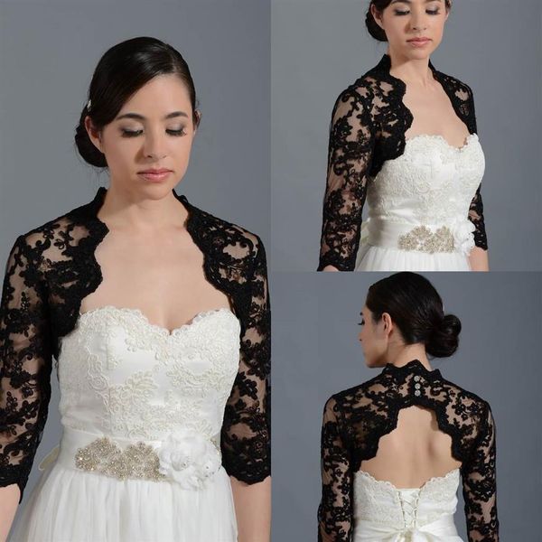 Jaqueta de casamento de renda preta vintage bolero capa envoltório encolher de ombros personalizado cetim meia manga frente aberta jaqueta para noite de casamento Dres213F