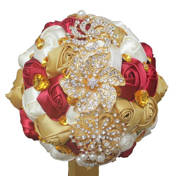 Luxry bouquet da sposa artificiale nastro fatto a mano rosso avorio rose fiori cristallo oro bouquet da sposa damigella d'onore matrimonio A267c