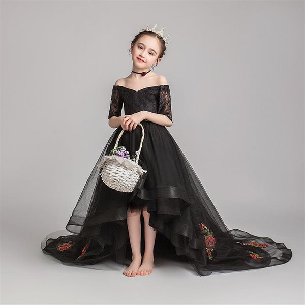 Blumenmädchenkleider Kinder Abend tragen Prinzessin Kleid Girl Schwarz Model Laufsteg Drag Tail Little Girl Host Klavier Performa186d