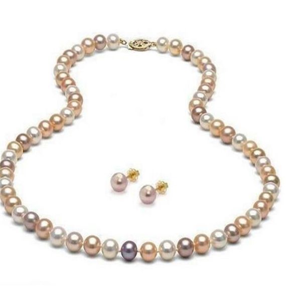 8-9mm Branco Rosa Roxo Multicolor Natural South Sea Colar de Pérolas Conjunto de Brincos de 20 polegadas Ouro 14k263B