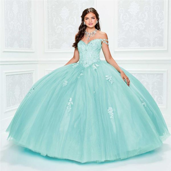 Splendido abito da ballo in pizzo con perline Abiti Quinceanera Appliqued Off Spalla Scollo Abiti da ballo con involucro Tulle Lunghezza pavimento Dolce 13002