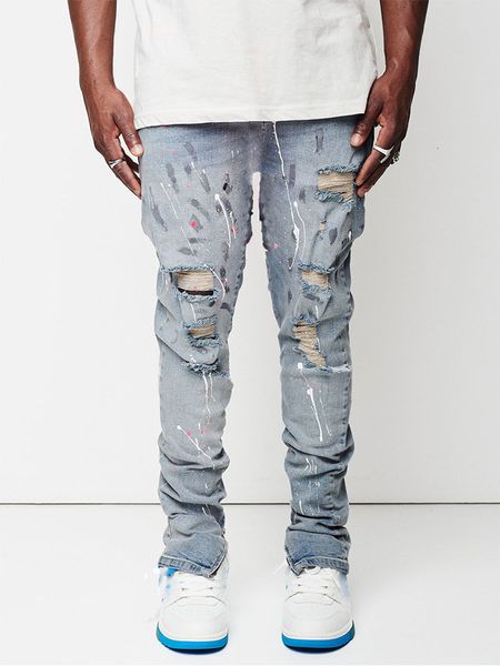 Jeans Masculino Design Jeans Masculino Man Paint Slim Fit Cotton Ripped Denim Jeans Knee Hollow Out Jeans Azul Claro para Homens Streetwear 230720