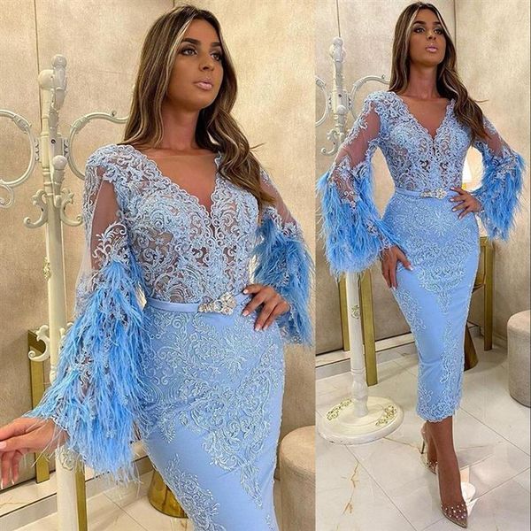 2021 Arabico Aso Ebi Sky Blue Madre delle spose Abiti V Nervi a maniche lunghe Appliques in pizzo Appliques Tè Lunghezza matrimoni abiti ospiti MO236J