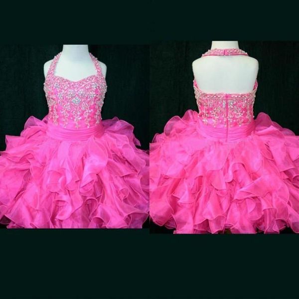 Vestidos de festa de aniversário feitos sob medida Uma linha Mini S Halter Cupcake rosa Meninas Vestidos de desfile Meninas com contas de cristal Flor barata Gi276L