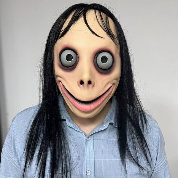 MOMO Mask Horror Hack Game Látex Mask Halloween Costume Party Props Halloween Ghost Female com olhos grandes e peruca longa