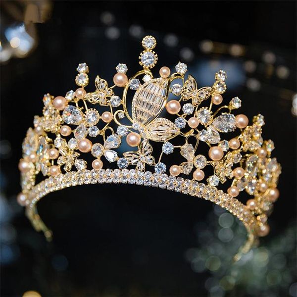 Novos acessórios de cabelo de casamento de coroa de ouro tiara feitos à mão coroas de noiva vintage beleza ouro pérola prom headpiece245y