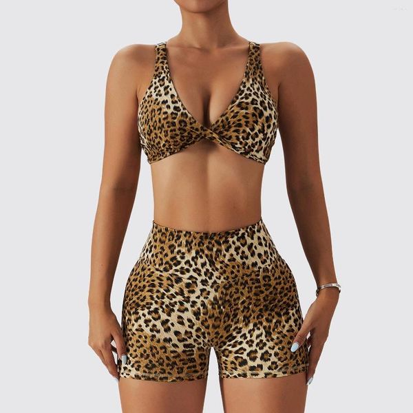 Set attivi Set da palestra Reggiseno a coppa Tuta da yoga leopardata Abbigliamento sportivo attillato Honey Peach Hip Lift Leggings a vita alta Fitness Pantaloncini femminili XL