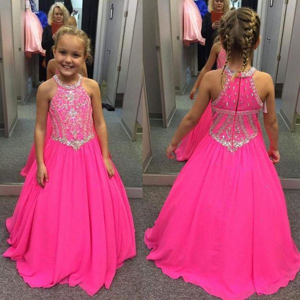 2023 Yeni Fuşya Küçük Kızlar Pageant Elbiseleri Boncuklu Kristaller Bir Çizgi Yatağı Boyunları Çocuklar İçin Toddler Çiçek Balo Parti Ellikleri245Q