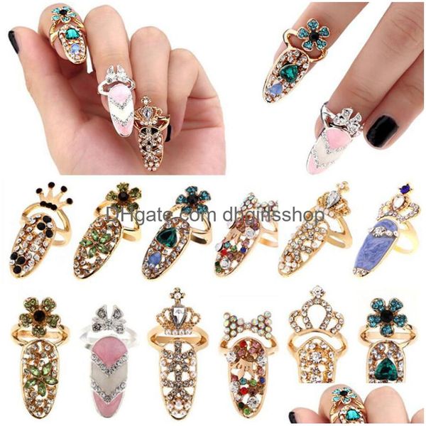 Band Ringe Modeschmuck Bowknot Nagel Ring Charme Krone Blume Kristall Finger Für Frauen Dame Strass Fingernagel Schutz Geschenk DHT0P