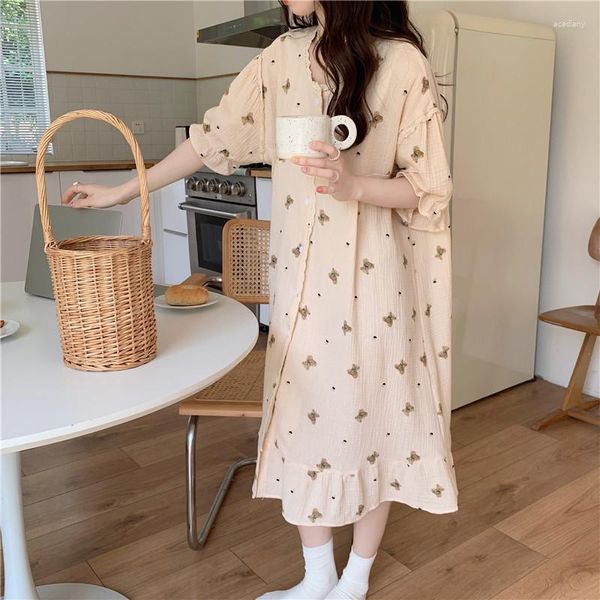 Indumenti da notte da donna Cartoon Bear Print Night Dress Donna Coreano Monopetto lungo in cotone O-Collo Manica corta Camicia da notte casual Kawaii