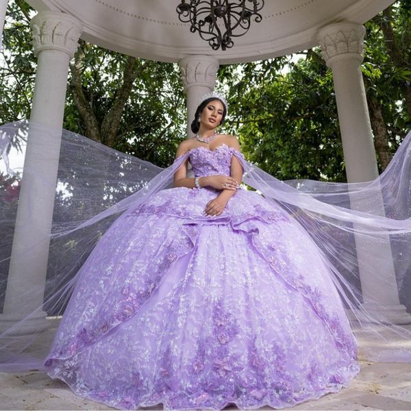 Lavendel glänzendes Ballkleid Quinceanera Kleider Applikation Spitze Perlen mit Cape Sweet 16 Kleid Pageant Kleider Vestidos De 15 Jahre