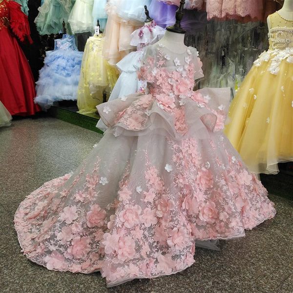 Imagem real novo vestido de flores para meninas roupas de bebê menina rendas 3d flores apliques inchado tule vestido de aniversário infantil personalizado feito280v