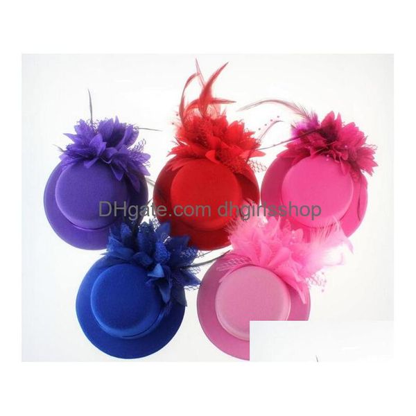 Jóias de cabelo feminino chapéu de noiva boné fita gaze rendas penas flor mini cartolas fascinator clipes de festa bonés homburg para noivas drop dh43f