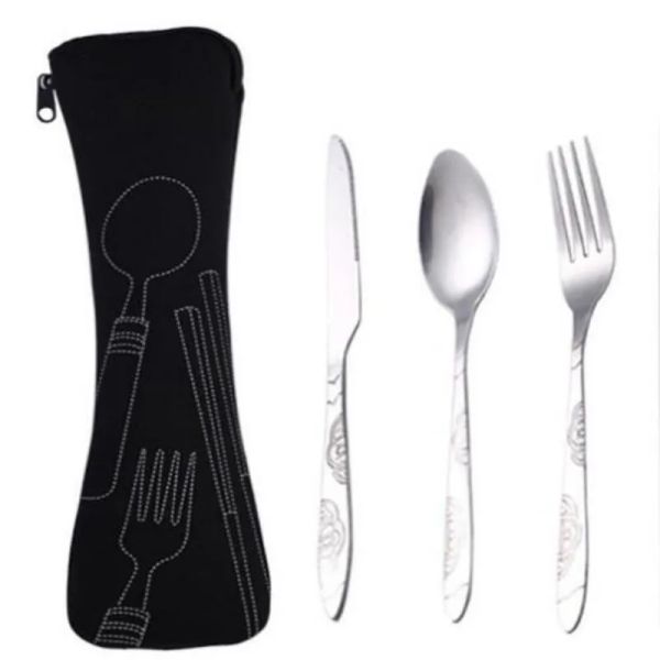 Messer Gabel Löffel Set Besteck Set Geschirr Abendessen Mittagessen Set Taschen Drucken Schnitzerei Edelstahl Besteck Schule Picknick Camping Esswerkzeug LL