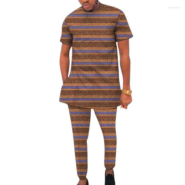 Roupas étnicas Roupas africanas Conjunto masculino Camisa de manga curta com calça estilo nigeriano Estampa de cera Vestuário masculino Vestuário para festa de casamento