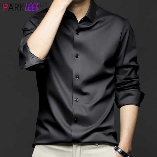 Camisas casuais masculinas Camisas sociais masculinas luxuosas, resistentes a rugas, de seda gelada, de marca, manga longa, ajuste fino, sem ferro, preto, casamento, negócios, camisa casual L230721