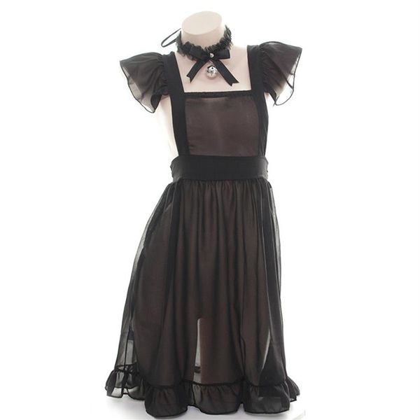 Avental de Empregada Francesa Sexy Preto Branco Para Mulher Menina Traje Cosplay Vestido Lolita Vestido Quarto Casa Avental Renda Translúcido F1285E