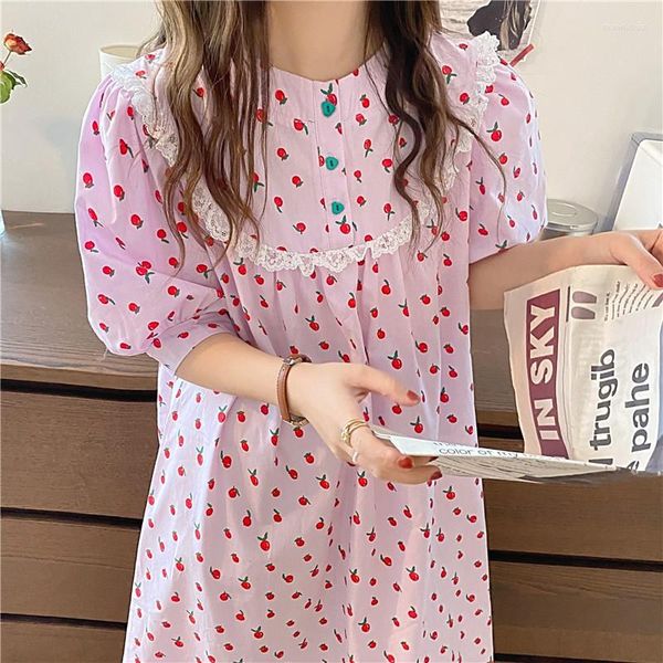 Damen-Nachtwäsche, Puffärmel-Nachthemd, Erdbeere, Kawaii-Knöpfe, koreanische weiche Homewear, Baumwolle, Heimkleidung, Spitze, Patchwork, süß