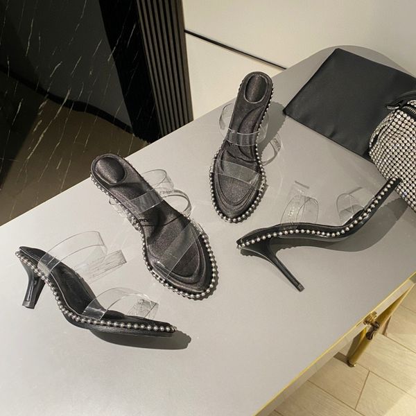 Zapatillas de mujer zapatos de diseñador transparentes diamantes brillantes tacones altos sandalias de tacón de aguja clásicas correa de PVC zapatos de fiesta suela de impresión de letras verano al aire libre nueva moda