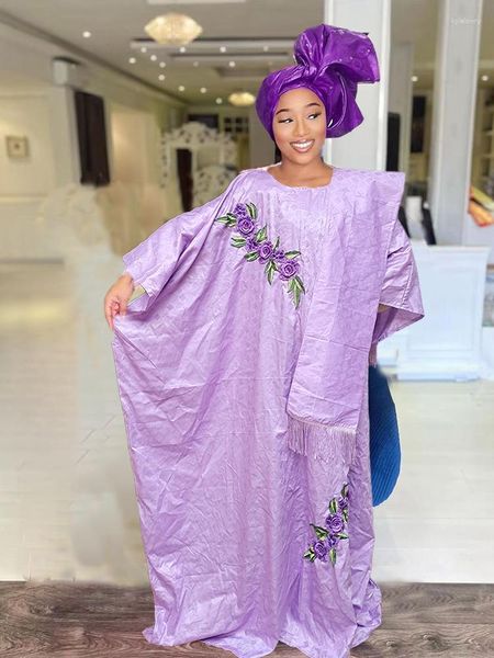 Abbigliamento etnico Viola Bazin Riche Abiti lunghi con sciarpa ricamata Dashiki Robe per la Guinea Nigeria Abiti da sera da donna