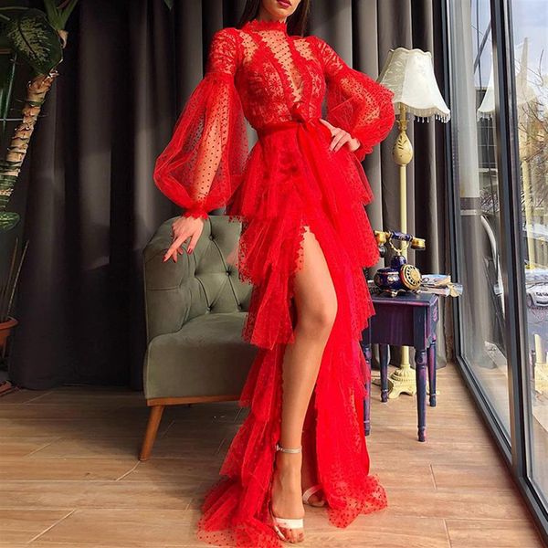 2021 vermelho Aso Ebi Árabe Luxuoso Lace Frisado Vestidos de Baile Sereia Mangas Compridas Vestidos de Noite Pena Festa Formal Segundo Recept313L