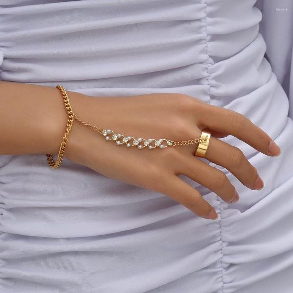 Link-Armbänder, elegant, glänzend, Kristall und Perlenkette, verbundenes Armband, Fingerring für Frauen, Goldfarbe, Handgeschirr-Schmuck