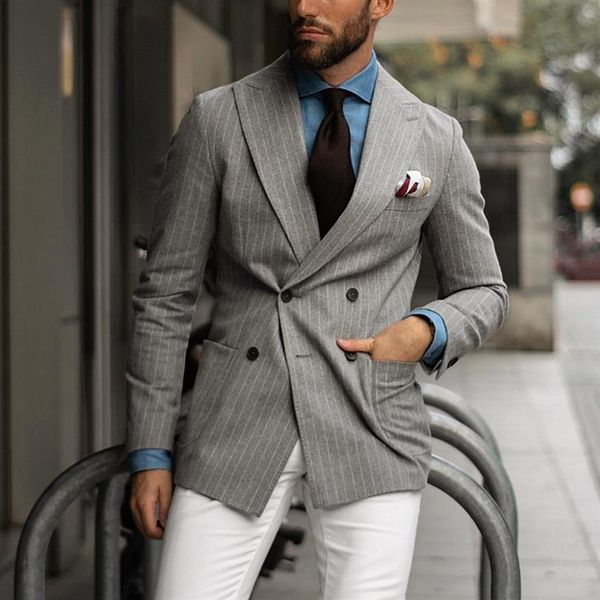 Açık gri pinstripe damat giyim ince fit çift göğüslü zirveli zirve yaka erkek iş resmi balo smokin adam blazer takım elbise sadece 241k