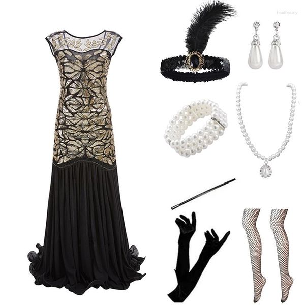 Stage Wear Women Party Dress 1920 S Great Gatsby Flapper Vestidos Paillettes Perline Frange Sera Scollo a V Impreziosito Frange Senza maniche