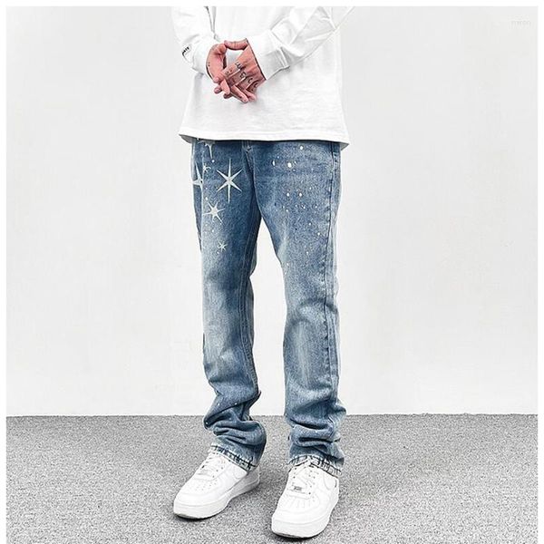 Jeans da uomo Harajuku Stars Tasche dipinte Pantaloni blu lavati per uomo Streetwear retrò Pantaloni larghi in denim casual dritti oversize