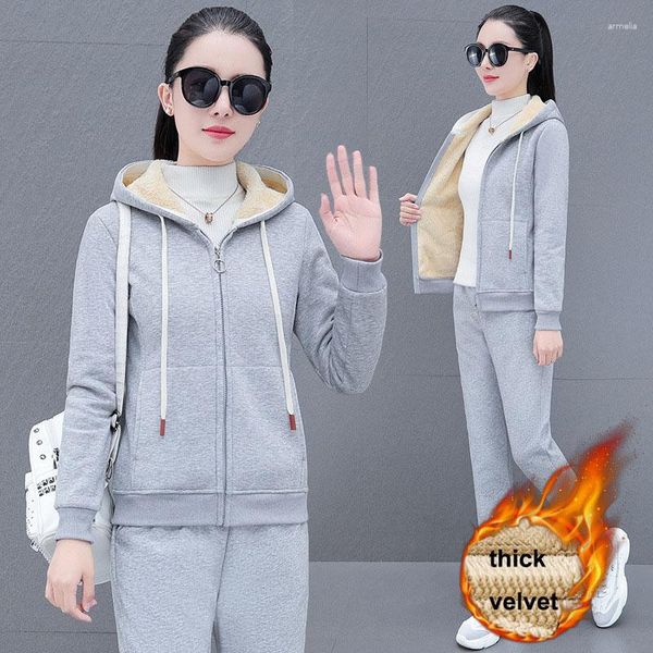 Frauen Zweiteilige Hosen Frauen Kleidung Sets Einfarbig 2023 Winter Samt Dicke Warme Outfits Hoodies 2Pcs Sport anzug Weibliche Mode