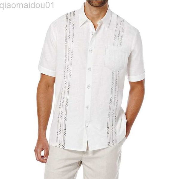 Freizeithemden für Herren Herren Guayabera-Hemden Lässige Button-Down-Kurzarm-Leinen-Baumwolle Cuban Camp Beach-Stickerei-Hemd Tops Männer Camisa Masculina L230721