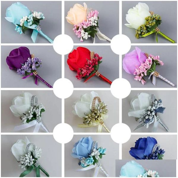 Coroas de flores decorativas masculinas Simation Seda Rosa Boutonniere Pin Broche Decorações de casamento Flor Noivo Cor Colorf Drop Delivery Dhmld LL